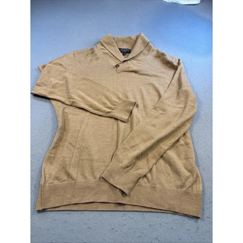 Banana Republic Men's XL 100% Merino Wool Shawl Collar Sweater TAN BROWN